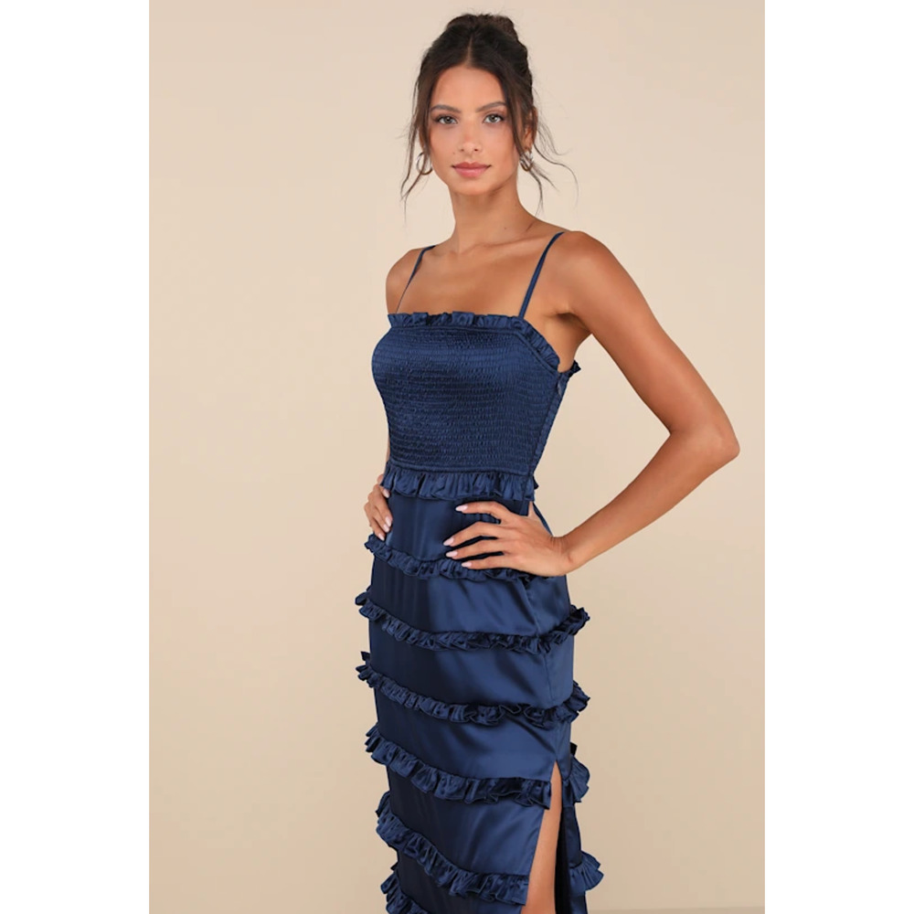 NWT Lulus Blue Satin Tiered Ruffle Smocked Maxi Dress Sz L Romantic Party Prom - Picture 5 of 14